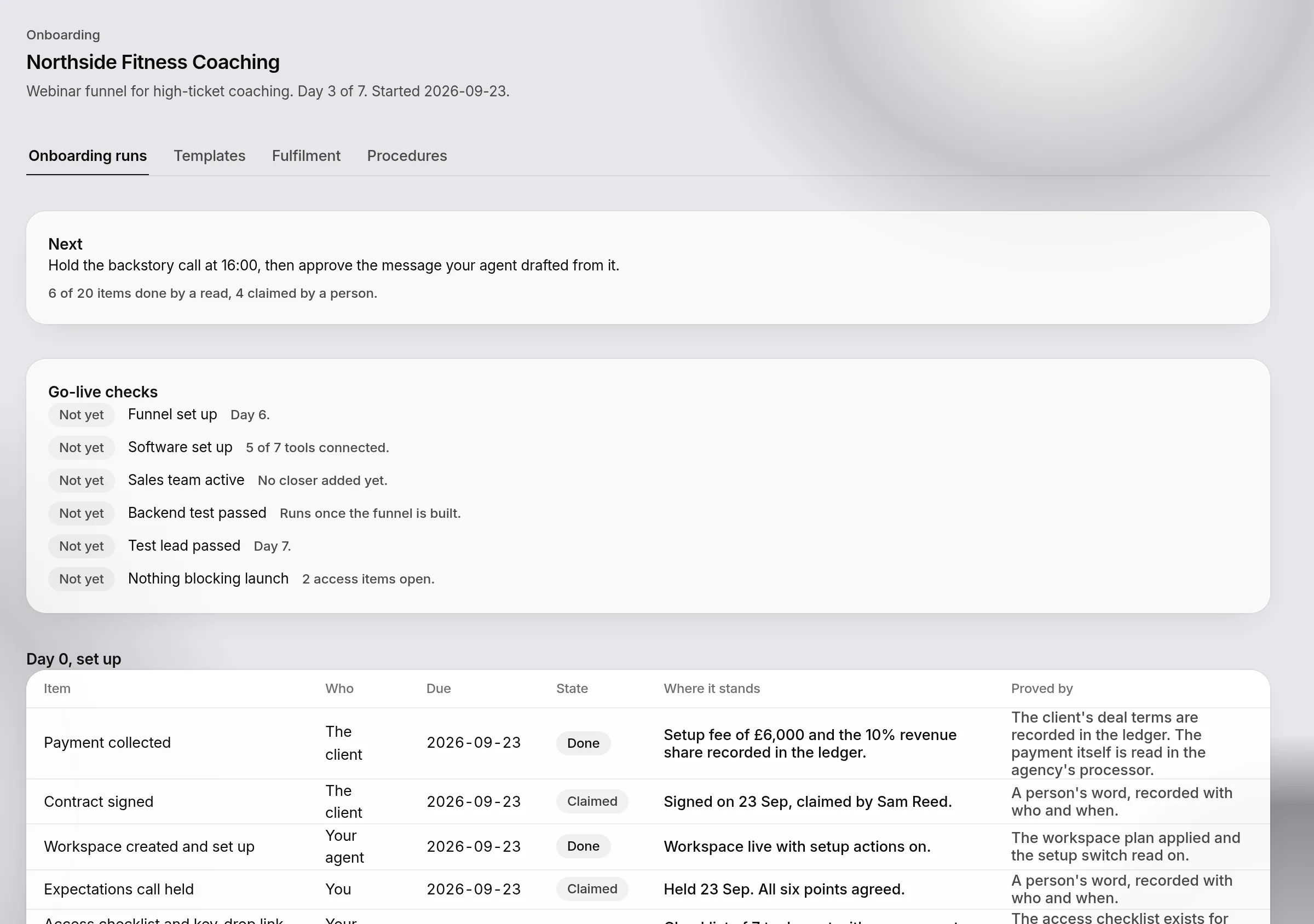 A client onboarding run in Agency OS for a sample client, Northside Fitness Coaching, on day 3 of 7.